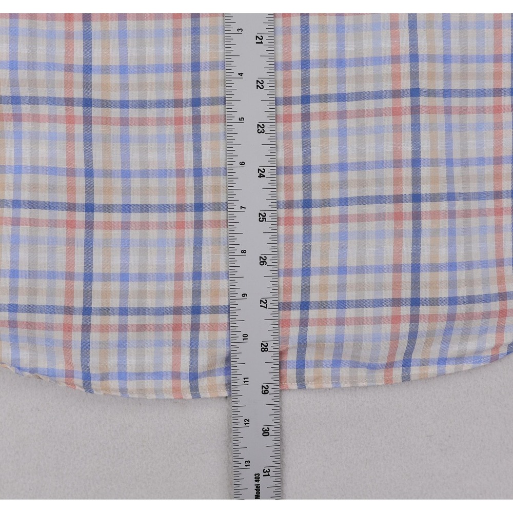 David Donahue Shirt Mens Medium Blue Pink Tan Plaid Short Sleeve Linen Blend - Picture 9 of 12